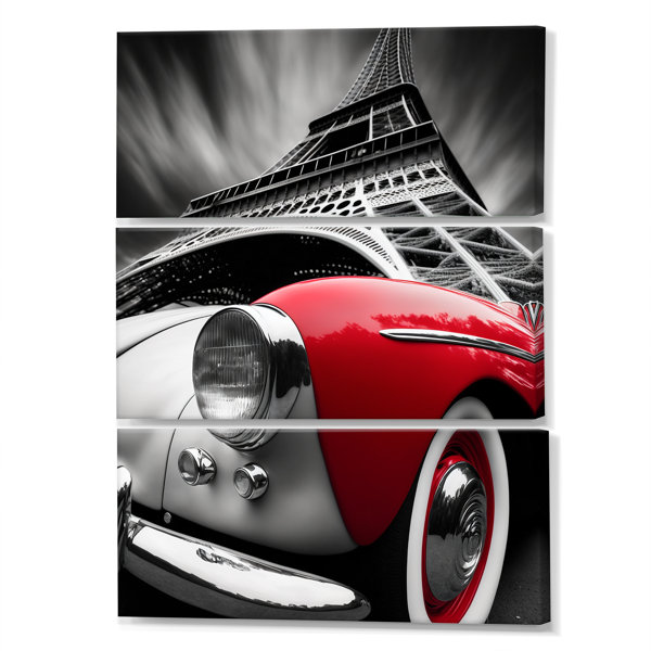 DesignArt Vintage Car By The Paris Eiffel Tower On Canvas 3 Pieces